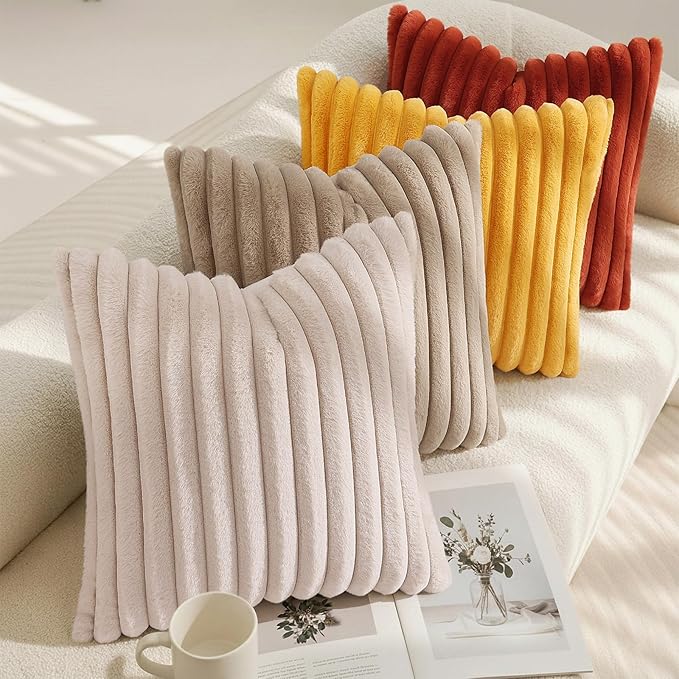 decorUhome Cozy Faux Fur Throw Pillow Covers 18x18 Set of 2 Decorative Soft Plush Striped Modern Farmhouse Boho Couch Pillow Cases with Velvet Back for Sofa Bed Living Room, Rust