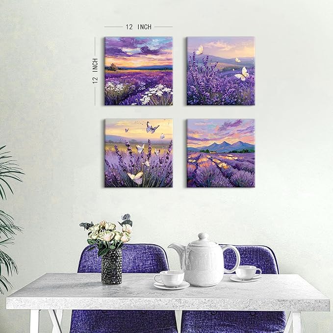 Purple Lavender Wall Art Bedroom Wall Decor Abstract Butterfly Scenery Pictures for Living Room Watercolor Sunset Forest Paintings Canvas Prints Mountain Posters Artwork Home Decoration 12x12” 4Pcs