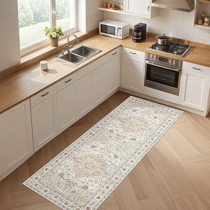 Runner Rug Kitchen Washable Rugs: 3x10 Non-Slip Boho Soft Vintage Stain Resistant Indoor Floor Neutral Farmhouse Throw Carpet for Hallway Bathroom Laundry Room Entryway Bedroom- Cream