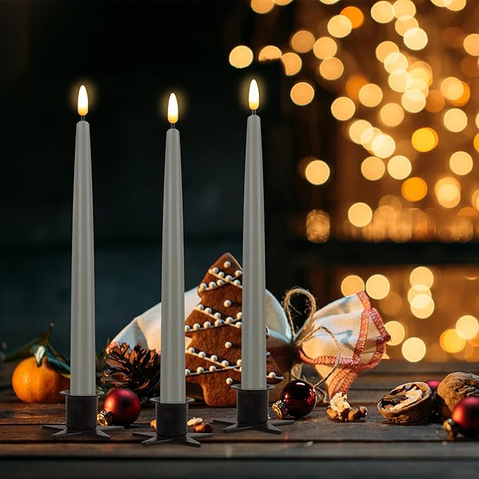 CVHOMEDECO. Flameless Taper Candles with 10-Key Remote, Battery Operated Led Flickering 3D Wick Window Candles Real Wax Finished Home Christmas Party Decor 0.78 x 11 Inch, Pack of 3, Grey
