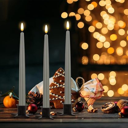 CVHOMEDECO. Flameless Taper Candles with 10-Key Remote, Battery Operated Led Flickering 3D Wick Window Candles Real Wax Finished Home Christmas Party Decor 0.78 x 11 Inch, Pack of 3, Grey