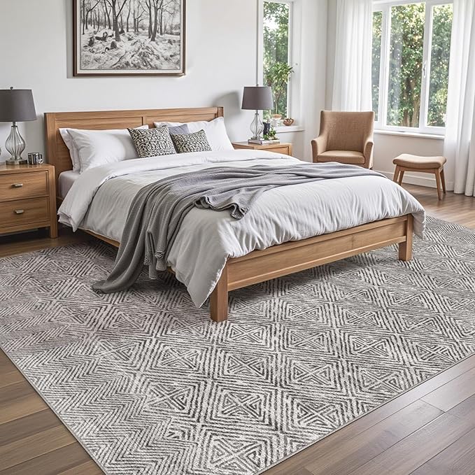 DEXI Area Rugs for Living Room, 8x10 Washable Low Pile Vintage Rug for Bedroom, Non Slip Large Indoor Carpet for Dining Office Nursery, Greyish Brown