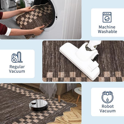 Washable Runner Rug 2x10 Modern Bordered Hallway Runner Rug Non Slip Kitchen Throw Carpet Checkered Bathroom Entryway Runner Rugs Low Pile Solid Area Rugs for Living Room Bedroom Nursery Sink, Brown
