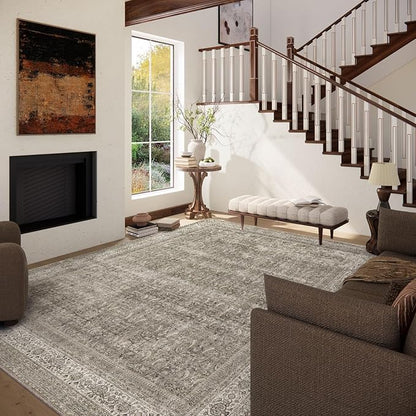 Washable Area Rugs for Living Room: 9x12 Bedroom Rug Boho Vintage Area Rug Stain Resistant Non Slip Low Pile Lightweight Soft Carpets for Dining Room Kitchen Nursery Kids Room Farmhouse