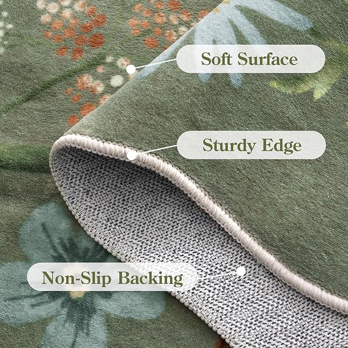 Lahome Floral Washable 6x9 Area Rugs, Soft Bedroom Rug for Living Room Ultra-Thin Non Slip Dining Room Rug, Stain Resistant Boho Green Rugs Throw Carpet for Office Flore (6'x9',Green)