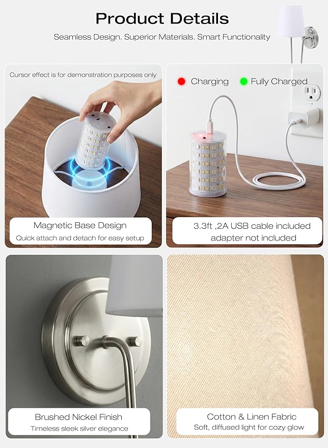 CLOUDY BAY 10000mAh Battery Operated Wall Sconces,Up to 100 Hours with Rechargeable RGB Dimmable Magnetic Bulb,Cordless Wall Lighting Fixtures with Remote for Bedroom,Brushed Nickel,2 Pack-15.4in
