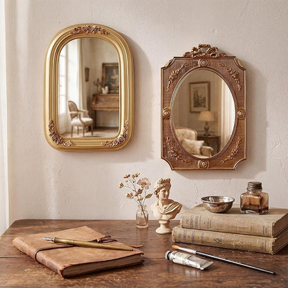 Wonderjune 5 Pcs Vintage Mirrors for Wall Decor Gold Antique Resin Frame Oval Rectangle Mirror for Home Decor Photography Props Gifts (Baroque Style)