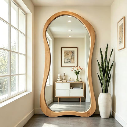 Irregular Full Length Mirror, 71"x33.5" Asymmetrical Full Body Mirrors with Solid Wood Frame, Premium Oversized Organic Floor Mirror for Living Room Entryway Cloakroom, Leaning/Hanging