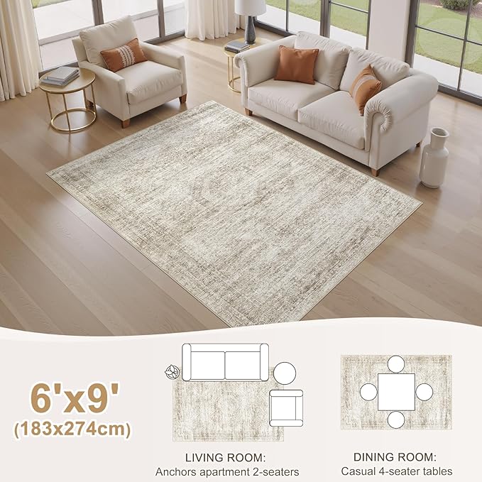 EIEIHOUSE Washable Area Rugs for Living Room -6x9 Neutral Vintage Distressed Floral Farmhouse Boho Large Soft Floor Rug Indoor Non Slip Carpet for Living Room Bedroom Dining Room Office-Beige
