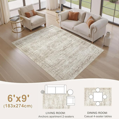 EIEIHOUSE Washable Area Rugs for Living Room -6x9 Neutral Vintage Distressed Floral Farmhouse Boho Large Soft Floor Rug Indoor Non Slip Carpet for Living Room Bedroom Dining Room Office-Beige