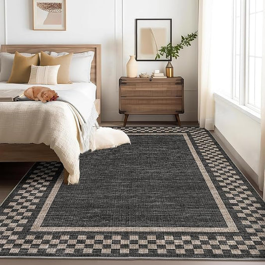 GarveeHome 4x6 Rug Small Washable Living Room Rug Modern Bordered Area Rugs with Rubber Backing Soft Non Slip Low Pile Dining Room Throw Carpet Checkered Geometric Mats for Bedroom Kitchen, Black
