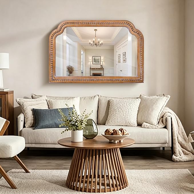36x24 Inch Farmhouse Arch Wall Mirror, Wood Beaded Framed Decorative Mirrors for Living Room, Bedroom, Vanity, Bathroom, Entryway