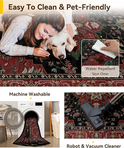 RELEANY Area Rugs 6'x9' Washable Non-Slip, Floral Vintage Distress Print Pattern Medallion Carpet for Living Room Bedroom Dining Room, Red Black