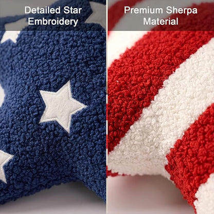 2 Pcs 4th of July Decorations 13x13" Star Throw Pillows, Rustic Patriotic Red White Blue Teddy Fleece Pillows with Star Embroidery & Flag Stripes, Americana Farmhouse Decor for July 4th Memorial Day