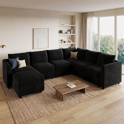 HONBAY Modular Sectional Sofa with Storage U Shape Sectional Sofa Velvet Sectional Couches for Living Room,Black