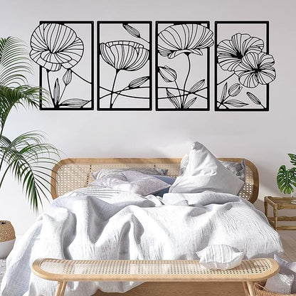 4 Pcs Metal Wall Art 16.5 x 11.8'' Line Art Wall Decor Floral Minimalist Decor Hanging Flower Aesthetic Modern for Living Room Bedroom Bathroom Kitchen Decoration(Black)
