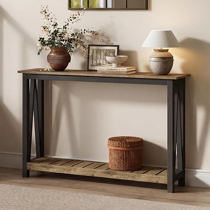 ChooChoo Farmhouse Console Table, Rustic Vintage Narrow Sofa Table for Entryway, Living Room, Hallway, 47 Rustic Oak & Black