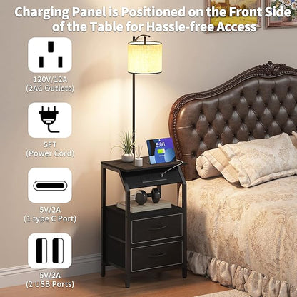 End Table with Floor Lamp, Nightstand with Charging Station, Floor Lamp Table with 3-Color Temperature Bulb, Bedside Table Night Stand with 2 Drawers for Bedroom, Living Room, Black