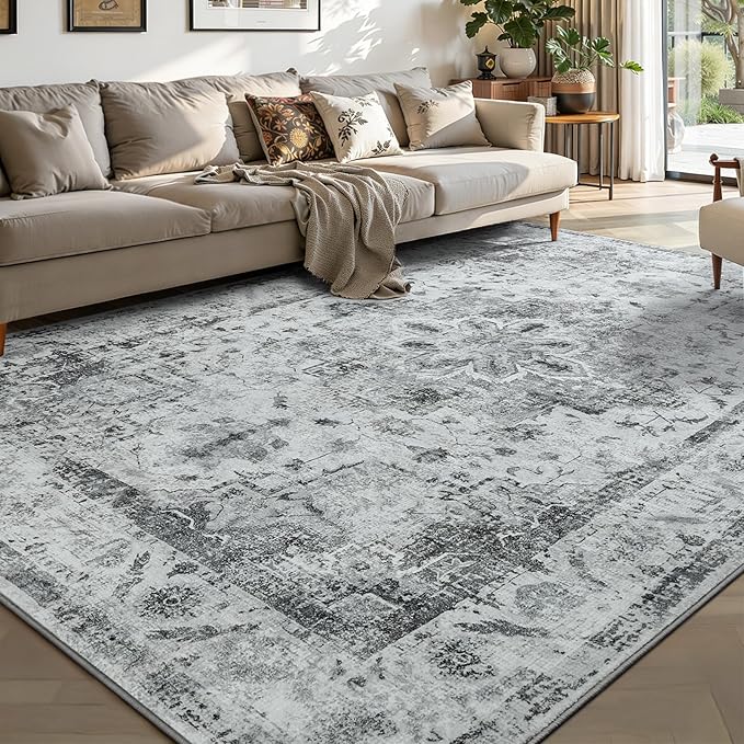 YOH Boho Washable Rug 4x6, Light Gray Vintage Non Slip Area Rug, Distressed Indoor Carpet for Living Room Bedroom Kitchen Office