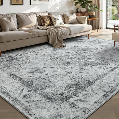 YOH Boho Washable Rug 4x6, Light Gray Vintage Non Slip Area Rug, Distressed Indoor Carpet for Living Room Bedroom Kitchen Office
