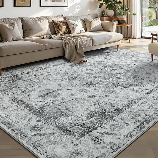 YOH Boho Washable Rug 4x6, Light Gray Vintage Non Slip Area Rug, Distressed Indoor Carpet for Living Room Bedroom Kitchen Office