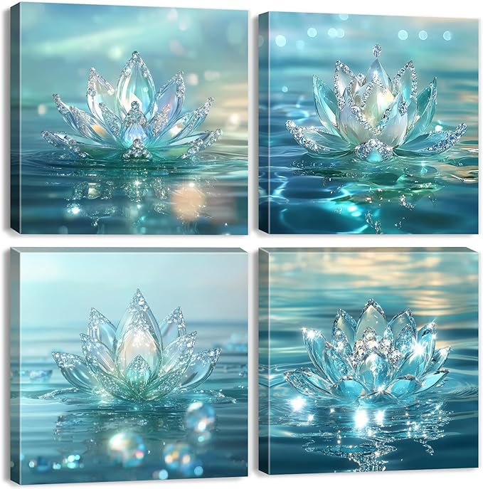 Lotus Flower Wall Art Teal Bathroom Wall Decor Zen Picture for Walls Canvas Prints Paintings Spiritual Meditation Wall Decor Turquoise Water Flowers Poster Yoga Room Artwork Decorations 12x12" 4Pcs