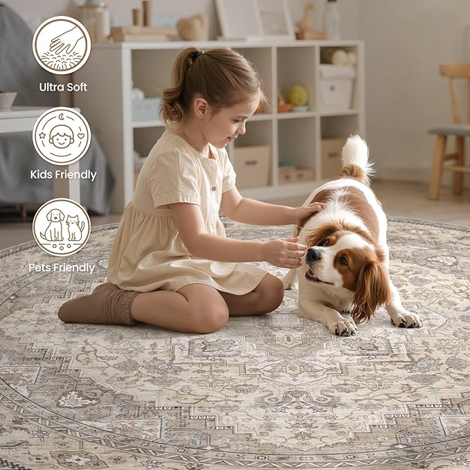 EIEIHOUSE 8ft Round Rugs for Living Room - Washable Neutral Vintage Distressed Farmhouse Large Soft Floor Area Rug Indoor Carpet for Bedroom Dining Room Office - Brown/Multi