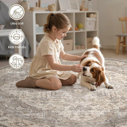 6FT Round Area Rugs for Living Room - Washable Neutral Vintage Distressed Farmhouse Large Soft Floor Rug Indoor Carpet for Bedroom Dining Room Office - Brown/Multi