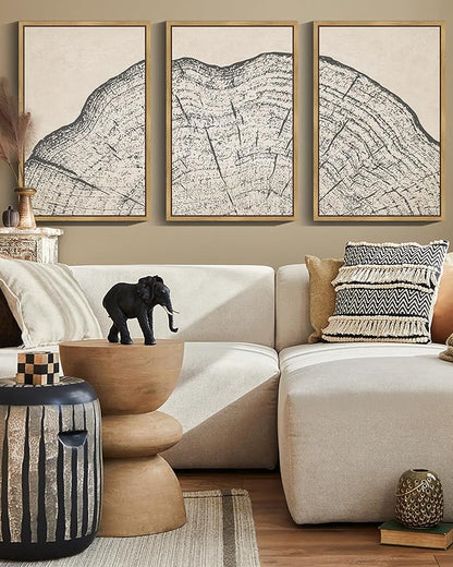 PHOPAGO Farmhouse Vintage Framed Wall Art Large 16x24in Set Gray Wood Tree Ring Spirals Nature Abstract Drawings Rustic Modern Art Decor for Living Room Bedroom - Natural Framed