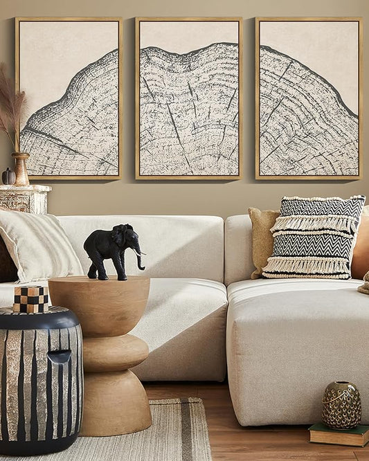 PHOPAGO Farmhouse Vintage Framed Wall Art Large 16x24in Set Gray Wood Tree Ring Spirals Nature Abstract Drawings Rustic Modern Art Decor for Living Room Bedroom - Natural Framed