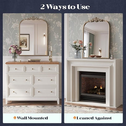 Gold Vintage Mirror, 24” x 36” Arched Gold Antique Mirror for Fireplace Mantel, Baroque Brass Bathroom Mirrors for Wall with Ornate Metal Frame for Entryway, Bedroom, Living Room