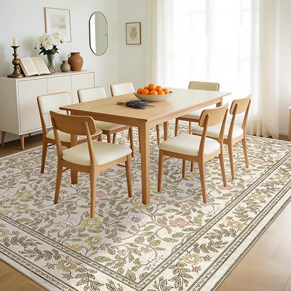 8x10 Area Rugs for Living Room, Floral Vintage Washable Large Soft Non-Slip Low Pile Carpet Indoor Floor Stain Resistant for Bedroom Dining Room, Beige/Multi