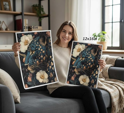 Dark Cheetah Canvas Wall Art Moody Blue and Gold Leopard Wildlife Animal Flower Pictures Painting Wall Decor Poster Print Artwork for Living Room Bedroom Decoration Unframed