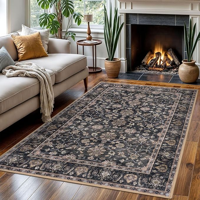 KUTA Vintage Area Rug 4x6 Washable Rug Brown Traditional Floor Cover Foldable Ultra Thin Soft Retro Accent Indoor Distressed Non Slip Carpet Floral Print Mat Bedroom Living Room Dorm Office
