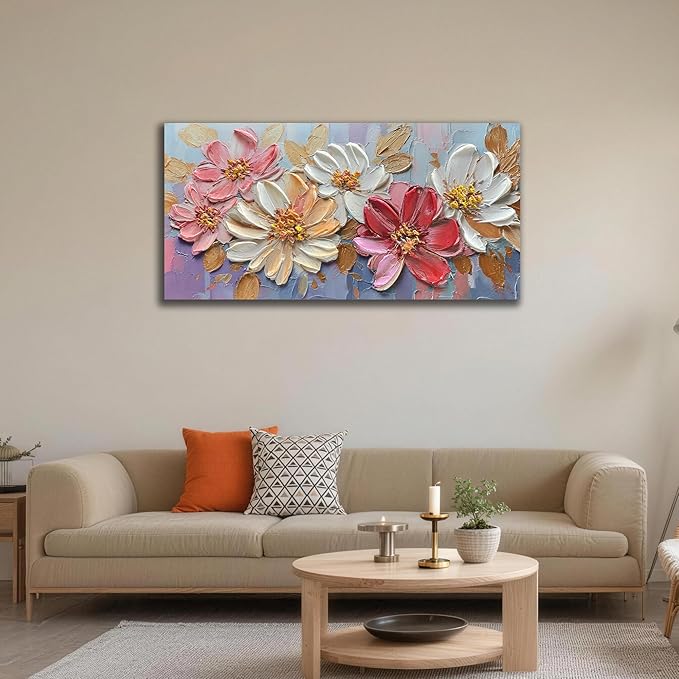 Enartly Flowers Canvas Wall Art for Living Room, Hand-painted Textured Floral Artwork, Modern Aesthetic Colorful Flowers Paintings Pictures, for Home Bedroom Garden Farmhouse Decor, 40"x20"
