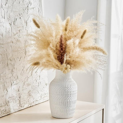 Boho White Ceramic Vase, 8.7" Matte Textured Flower Vase for Home Decor, Minimalist Table Centerpiece for Living Room, Office, Bedroom (Matte White Vase)