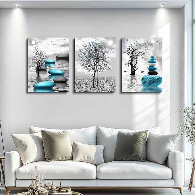 Canvas Wall Art for Living Room Wall Decor for Bedroom Bathroom Black and White Paintings Modern 3 Piece Framed Canvas Art Prints Ready to Hang Inspirational Abstract Blue Pictures Home Decorations