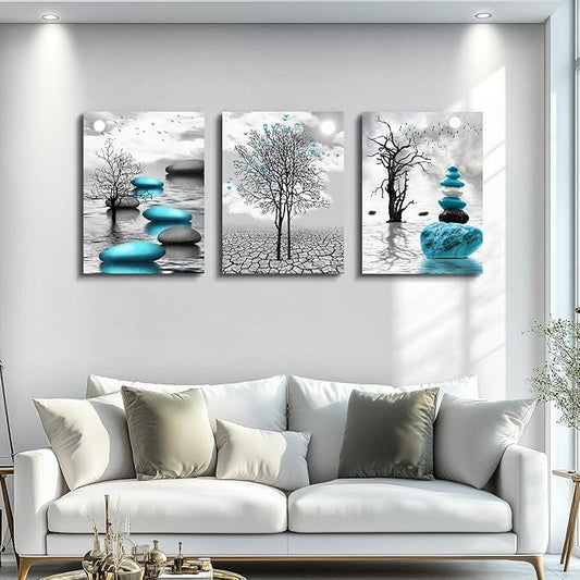 Canvas Wall Art for Living Room Wall Decor for Bedroom Bathroom Black and White Paintings Modern 3 Piece Framed Canvas Art Prints Ready to Hang Inspirational Abstract Blue Pictures Home Decorations