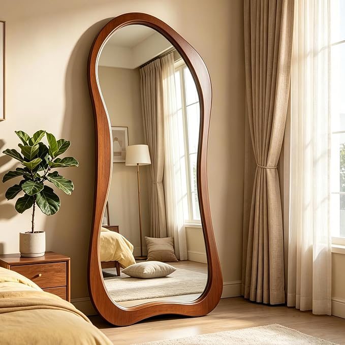 Large Irregular Mirror, 63"x30" Asymmetrical Aesthetic Mirrors with Solid Wood Frame, Premium Organic Shape Floor Mirror for Living Room Entryway Hallway Bedroom Cloakroom, Leaning/Hanging