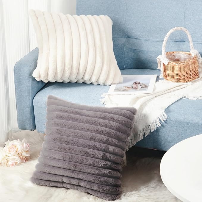 Decorative Throw Pillow with Inserts, Set of 2 Soft Faux Fur Throw Pillows, Square Boho Striped Pillow for Couch, Bed, Sofa Decor(Gray, 16" x 16")