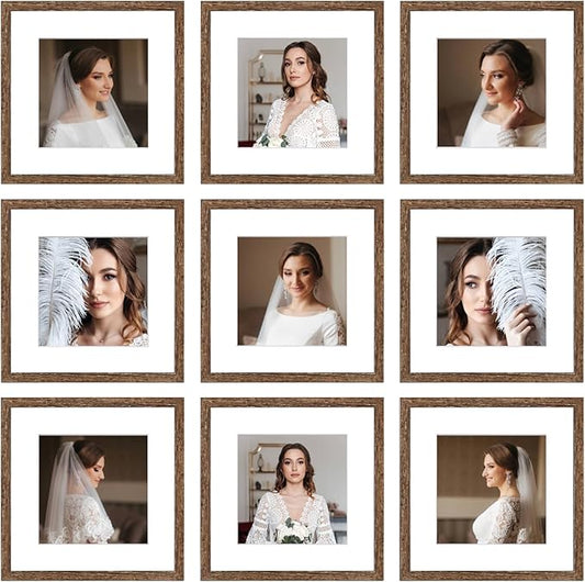 12x12 Picture Frame Set of 9, Display Pictures 8x8 with Mat or 12x12 without Mat, Multi Collage Gallery Square Photo Frames for Wall or Tabletop,Distressed Brown