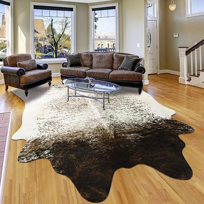 6x7 Cowhide Rug, Washable Faux Brown and White Hide Area Rugs for Living Room, Vintage Cabin Spotted Animal Skin Print Carpet for Under Couch Bedroom, Synthetic Cowskin Leather Decor
