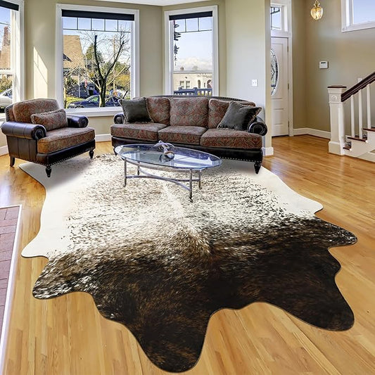 6x7 Cowhide Rug, Washable Faux Brown and White Hide Area Rugs for Living Room, Vintage Cabin Spotted Animal Skin Print Carpet for Under Couch Bedroom, Synthetic Cowskin Leather Decor