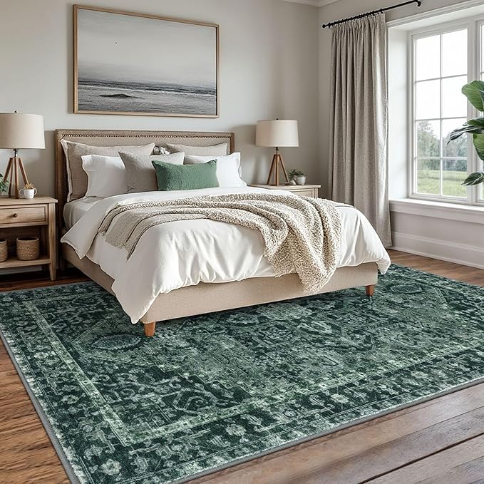 KOZYFLY Area Rug 8x10 Ft Thin Rugs for Living Room Washable Bedroom Rug Non Slip Rugs for Living Room Printed Faux Wool Vintage Bedroom Rug Floor Carpet for Dining Room, Dark Green