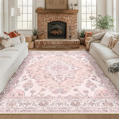 RELEANY Area Rugs Square 8ft Washable Non-Slip, Floral Vintage Distress Print Pattern Medallion Carpet for Living Room Bedroom Dining Room, Pink Greypink Cute