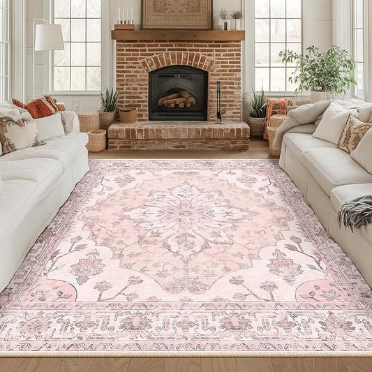 RELEANY Area Rugs Square 8ft Washable Non-Slip, Floral Vintage Distress Print Pattern Medallion Carpet for Living Room Bedroom Dining Room, Pink Greypink Cute