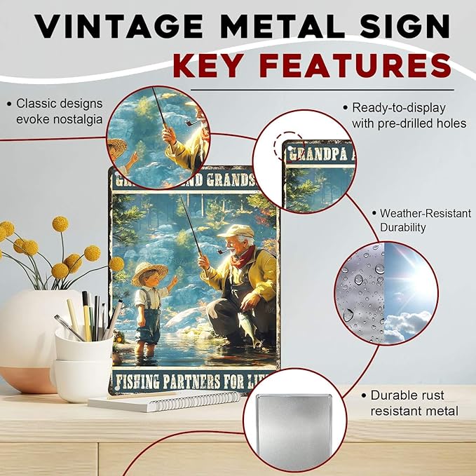 Fun Vintage Fishing Metal Sign Grandpa And Grandson Fishing Partners For Life Metal Poster Home Kitchen Garden Bar Pub Cafe Man Cave Rustic Aluminium Sign 12x16Inch