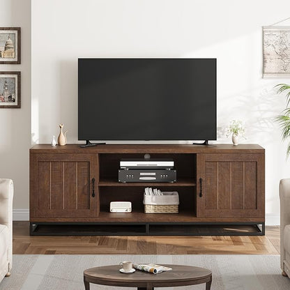 Garvee Farmhouse TV Stand for Living Room, Entertainment Center with 2-Tier Adjustable Shelves & Metal Leg, Wooden TV & Media Console Table for 75 Inch with Storage Compartments, Walnut