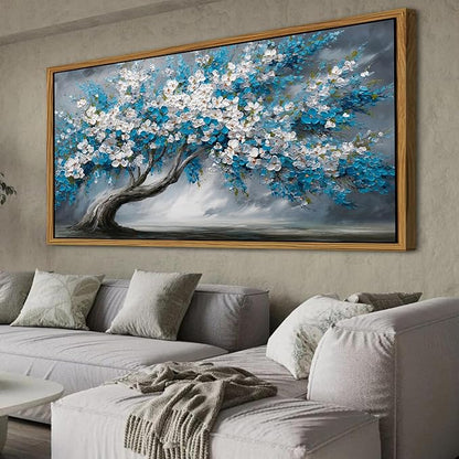 Vintage Tree of Life Wall Art Extra Large Framed Wall Decor Blue White Daisy Flower Canvas Prints Contemporary Artwork Abstract Botanical Floral Picture for Living Room Bedroom Home Decoration 35x70