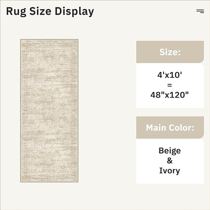 Soalmost 4x10 Wide Hallway Runner Rug: Washable Soft Rug Runners for Living Room Bedroom Ktichen, Stain Resistant Low Pile Area Rugs Non Slip Floor Carpet (Beige, 4x10)